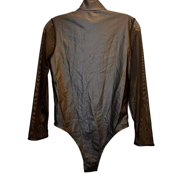Black Faux Leather Bodysuit Chiffon Sleeve Zip Front Small - Picture 6 of 7
